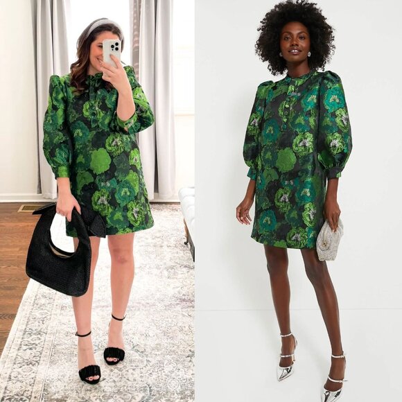 Pomander Place Dresses & Skirts - Pomander Place Samantha Green Jacquard Floral Puff Sleeve Mini‎ Dress Size XS